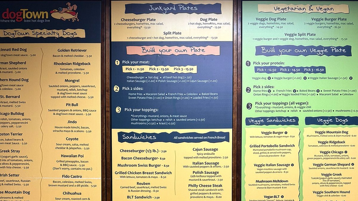 The menu at Dogtown Hots in Rochester, New York, with a variety of hot dogs and plates.