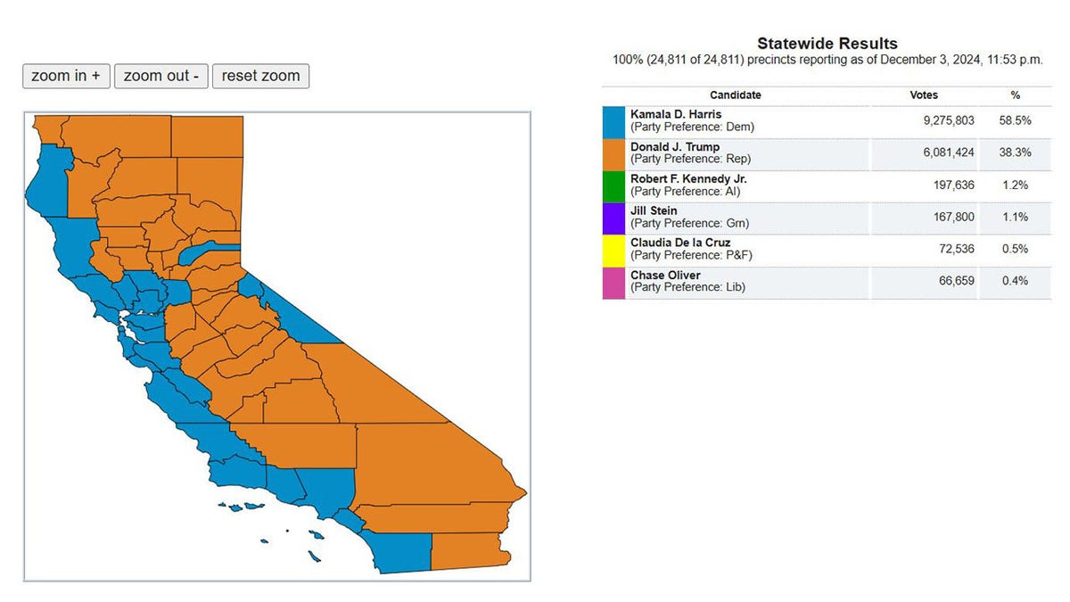 The map showing the 2024 presidential election results in California. 