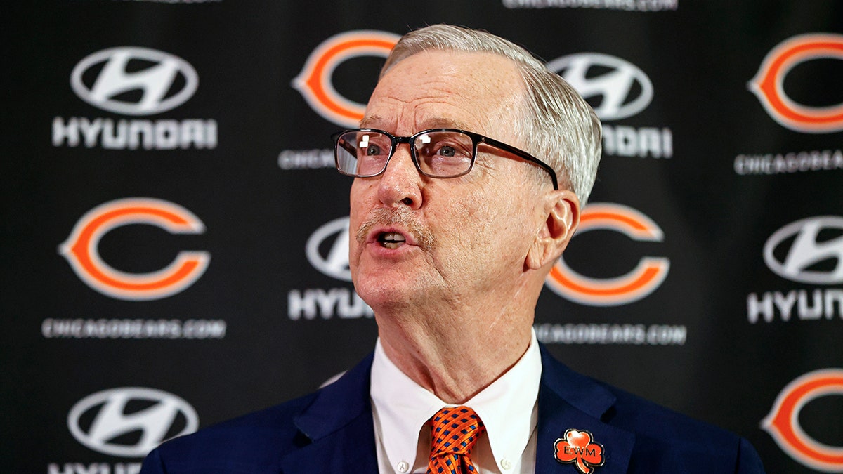 Chicago Bears chairman George H. McCaskey speaking at a press conference at Halas Hall