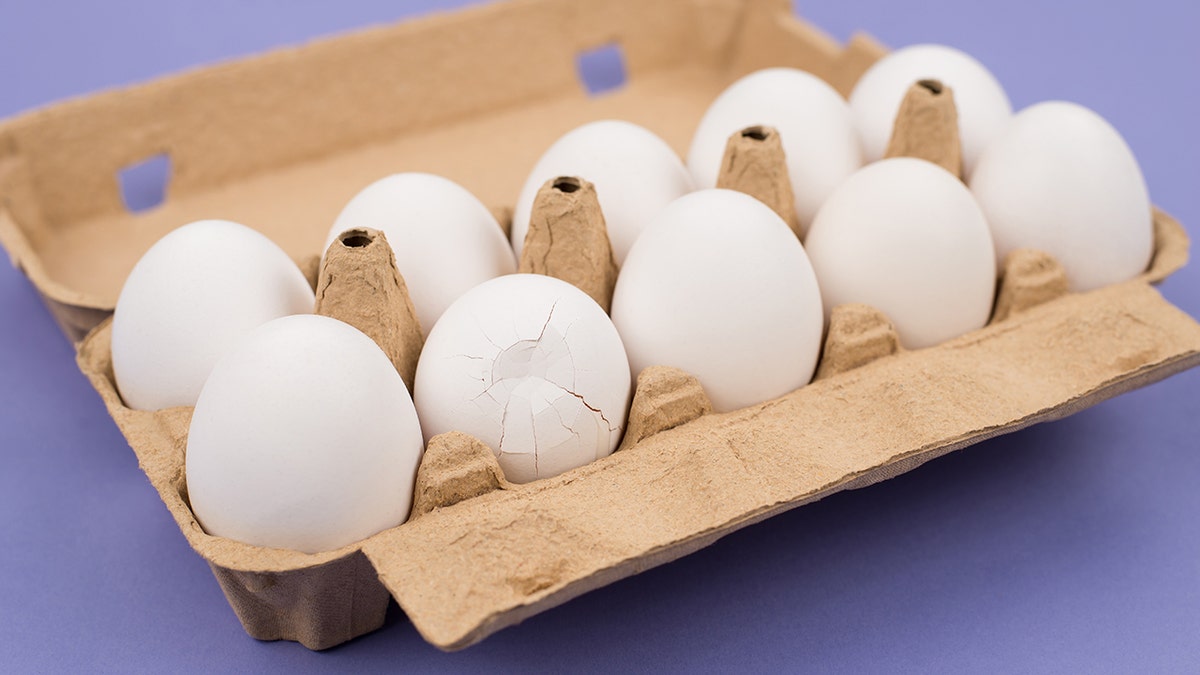 Close up view photo of cardboard container with ten and one broken white chicken eggs