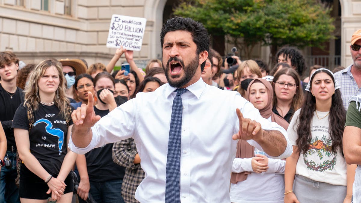 Rep. Greg Casar speaks as pro-Palestinian students and activists protest on the campus of the University of Texas in Austin, Texas, on April 25, 2024.
