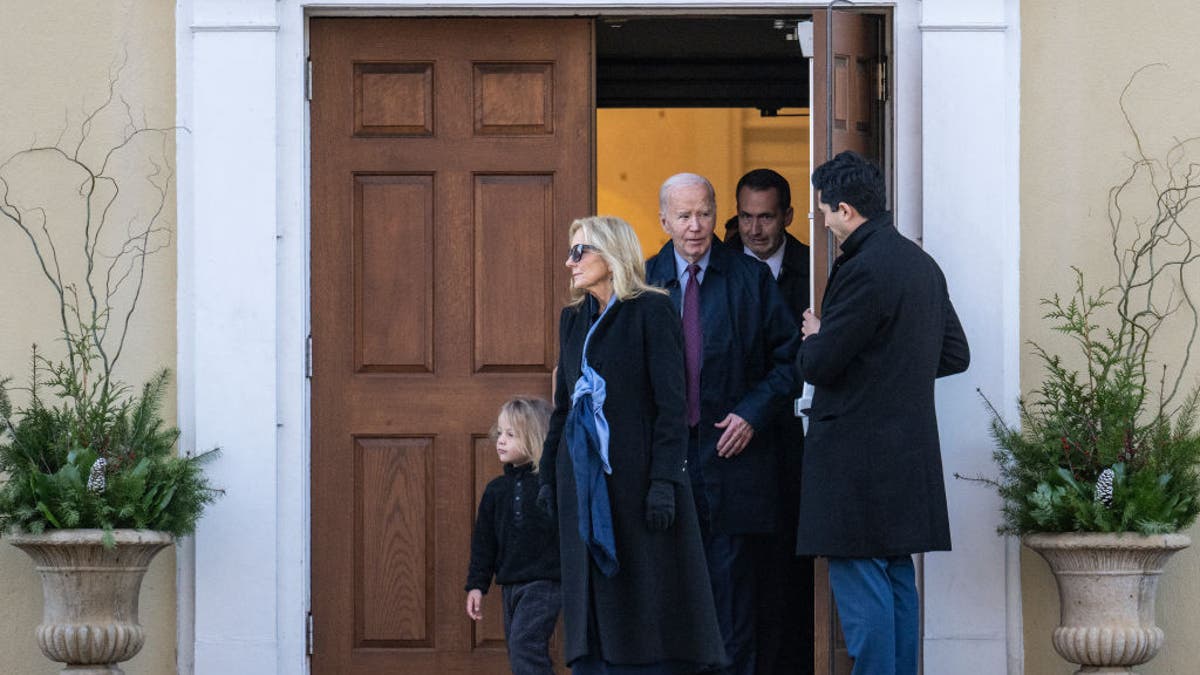 President Biden and first lady Jill Biden depart St. Joseph on the Brandywine after a church service in Wilmington, Delaware, on Wednesday. Biden attended a memorial service commemorating the 52nd anniversary of the death of his first wife and daughter in a traffic accident. (Getty Images)