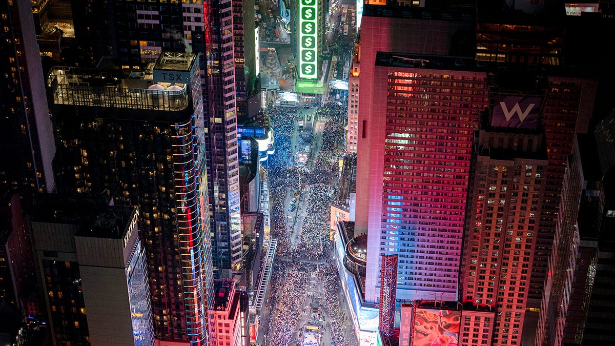 Aerial of Times Square on New Year's Eve 2023-2024