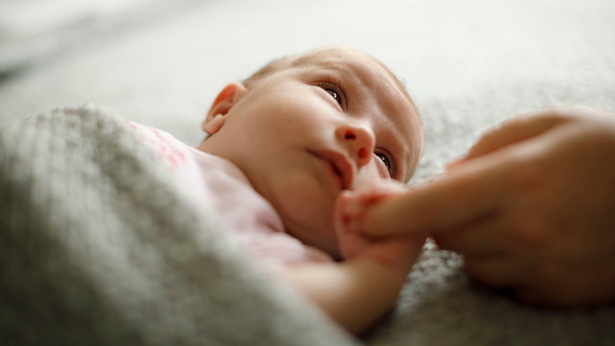 Newborn baby holding his mother's hand