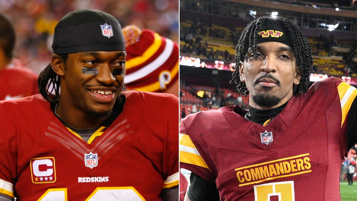 Split photos of RG3 and Jayden Daniels.
