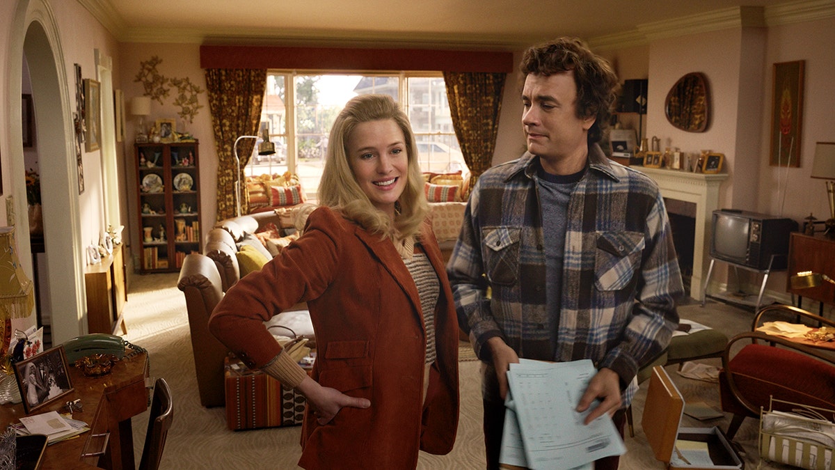 Robin Wright and Tom Hanks aged in a scene from “Here.”
