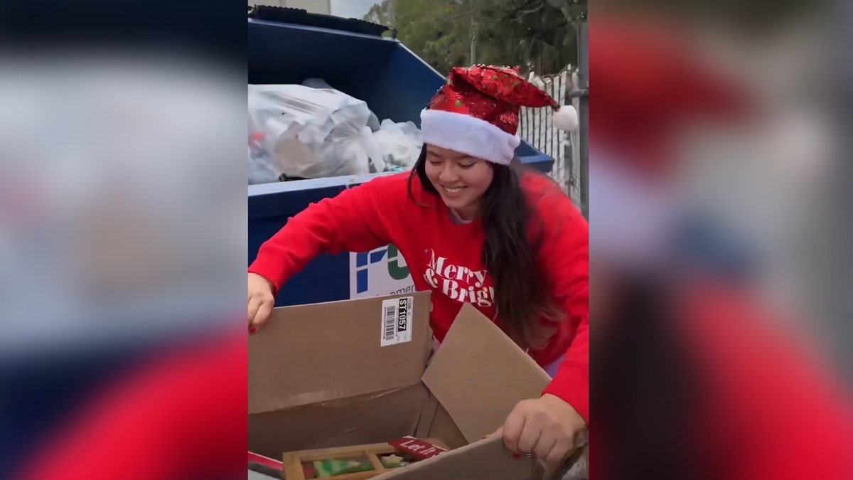 woman gets holiday decorations by dumpster diving