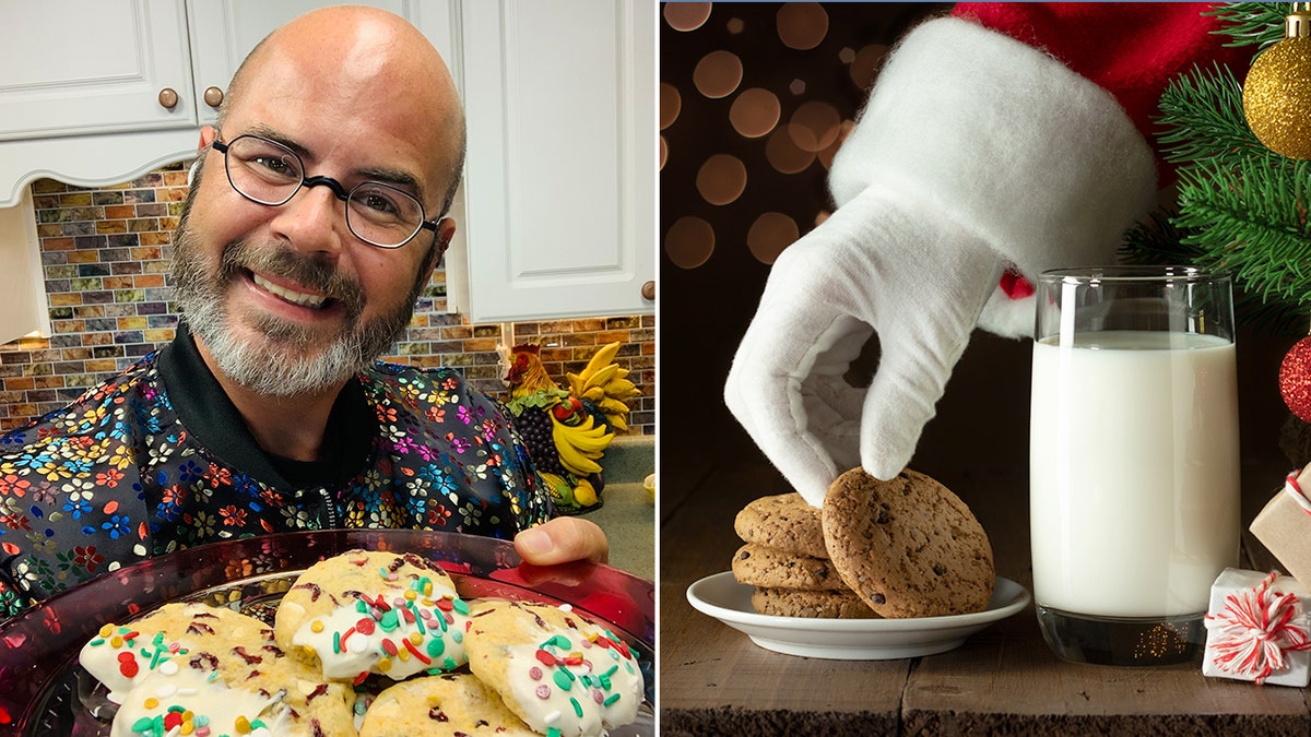 Celebrity chef Jason Smith, left, poses with a platter of cookies. Santa's hand picks up a cookie, right, next to a glass of milk.