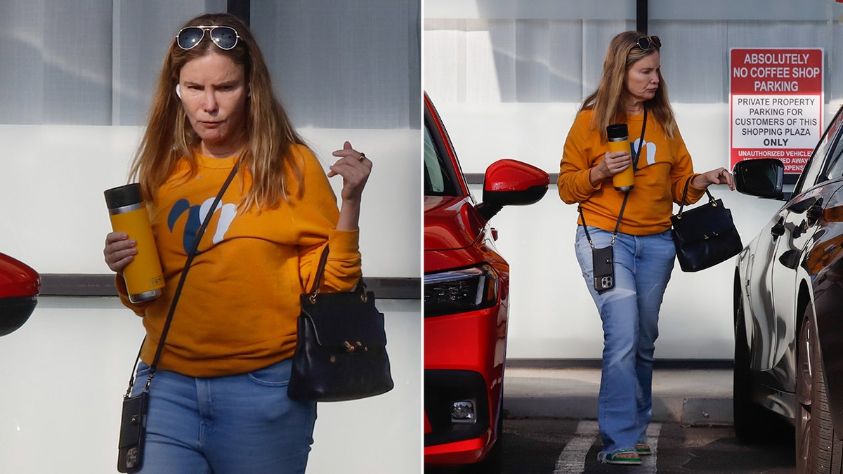 Side by side photos of Jennifer Jason Leigh running errands in Los Angeles