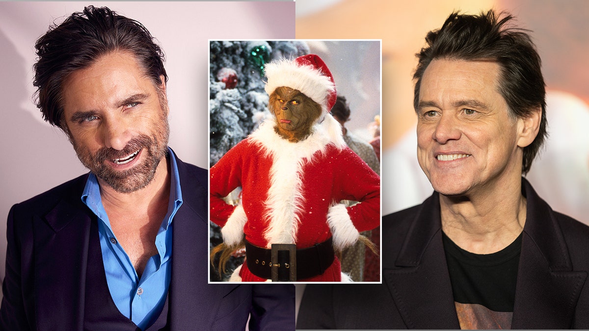 John Stamos slants his head wearing a blue button down and navy blazer looking to his left split Jim Carrey in a dark brown/purple suit smiles on the carpet looking to his right inset a photo of Jim Carrey as The Grinch in How The Grinch Stole Christmas film