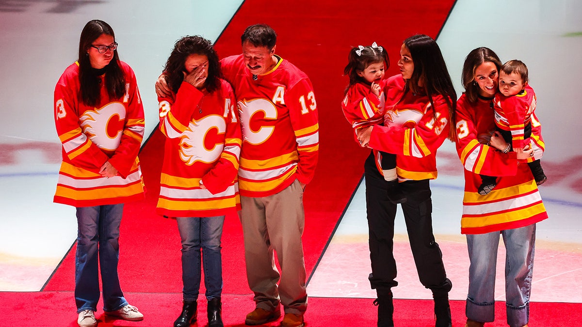 The Gaudreau family at a ceremonial puck drop