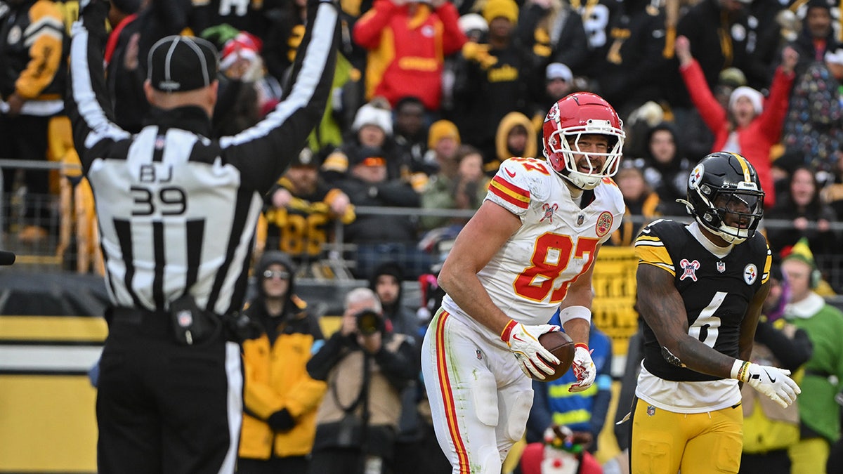 Kansas City Chiefs tight end Travis Kelce celebrates a second half touchdown at Acrisure Stadium on Dec. 25, 2024.