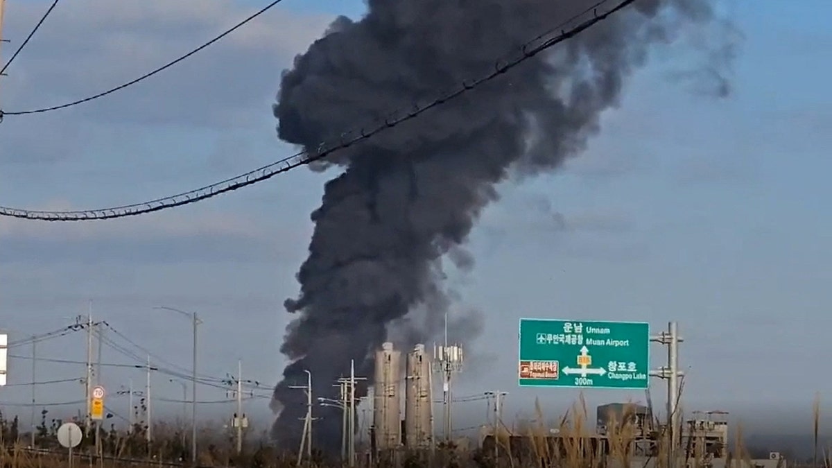 This screenshot taken from video footage taken near Muan International Airport shows black smoke billowing from Muan Airport