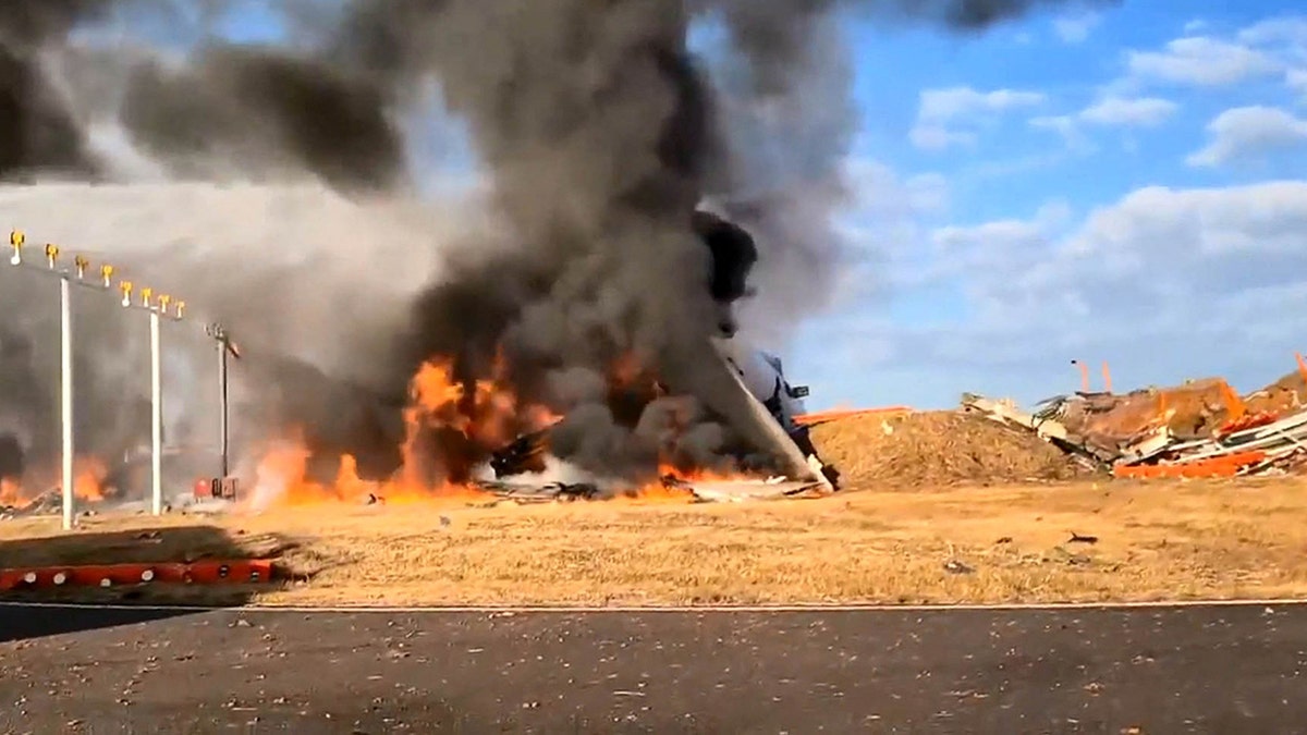 Firefighters are doing extinguishing operations on the plane that took off from the Muan International Airport in Muan.