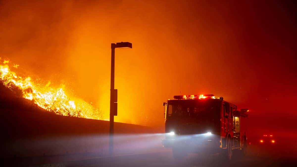 Fire truck on closed road in Malibu