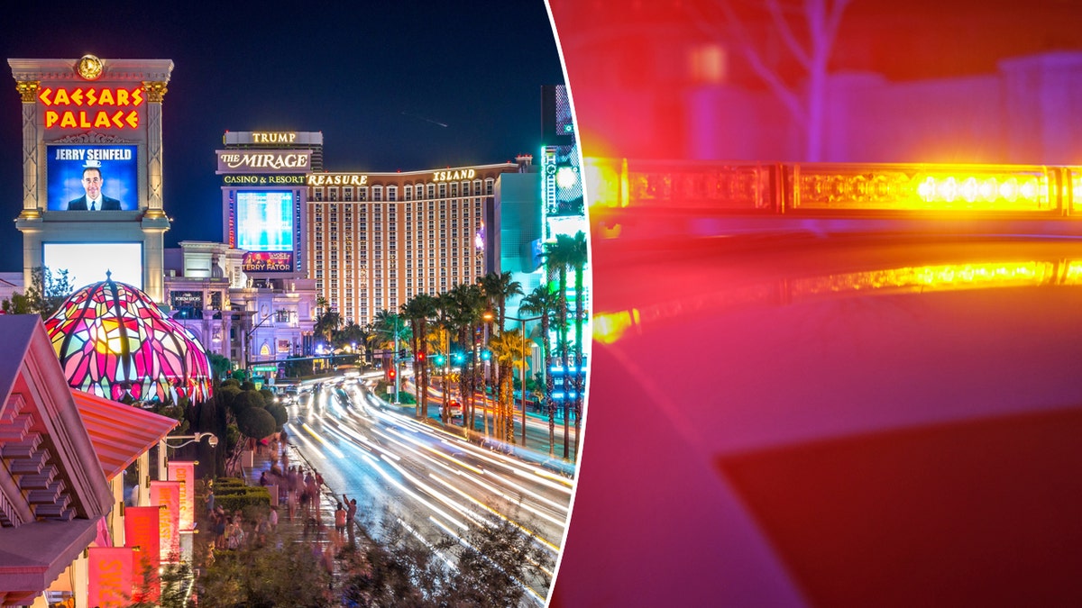 Split photo of the Las Vegas strip and a police car