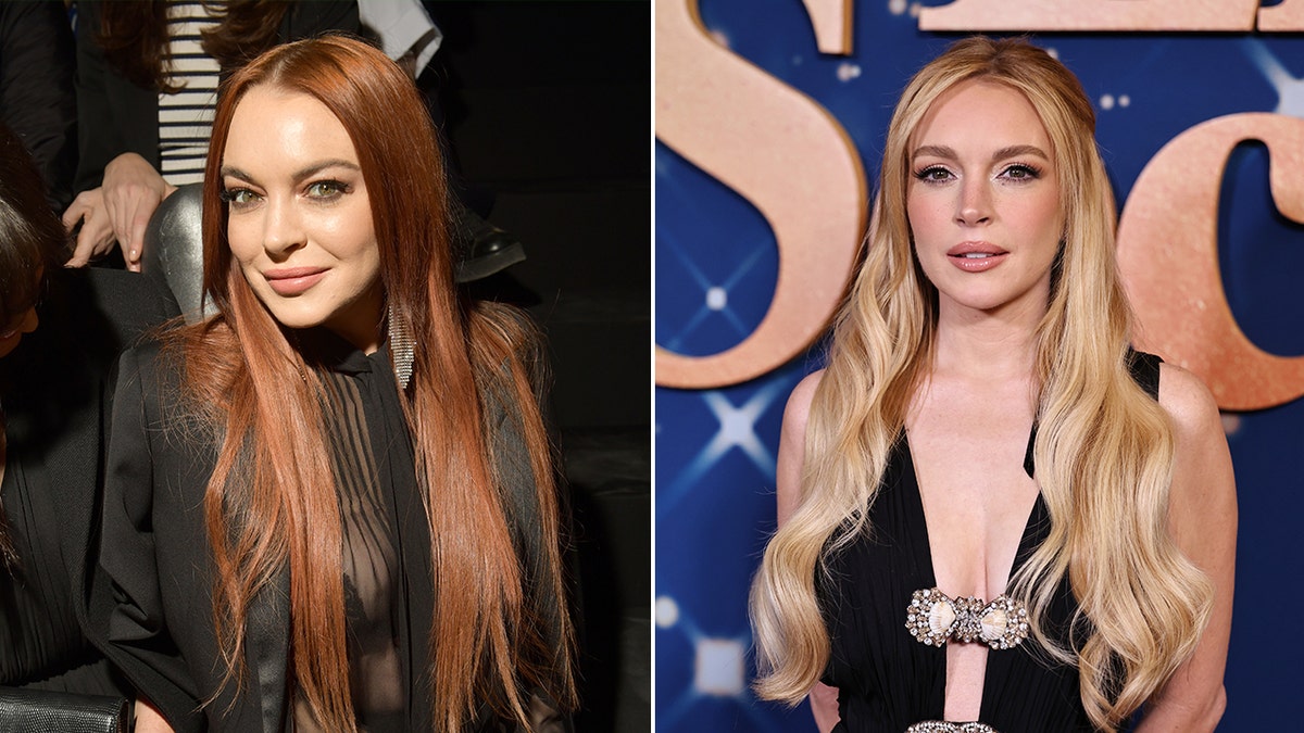 Lindsay Lohan with orange hair in a black transparent top and jacket looks at the camera with her head slightly tilted in 2019 split Lindsay Lohan in a black dress with sparkly bow-like buttons with light strawberry blonde hair in 2024