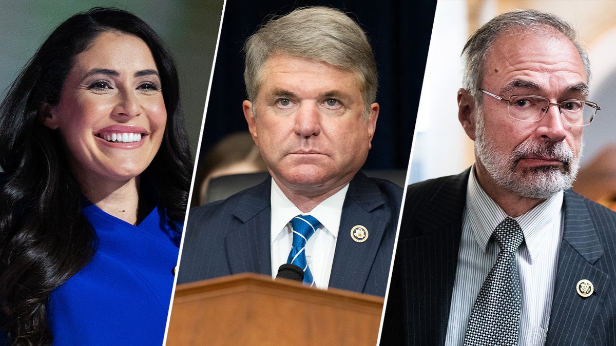 House Reps. Anna Paulina Luna, Michael McCaul, and Andy Harris pose for three photos. Luna is a young woman with dark hair, and McCall and Harris are older men with gray hair.