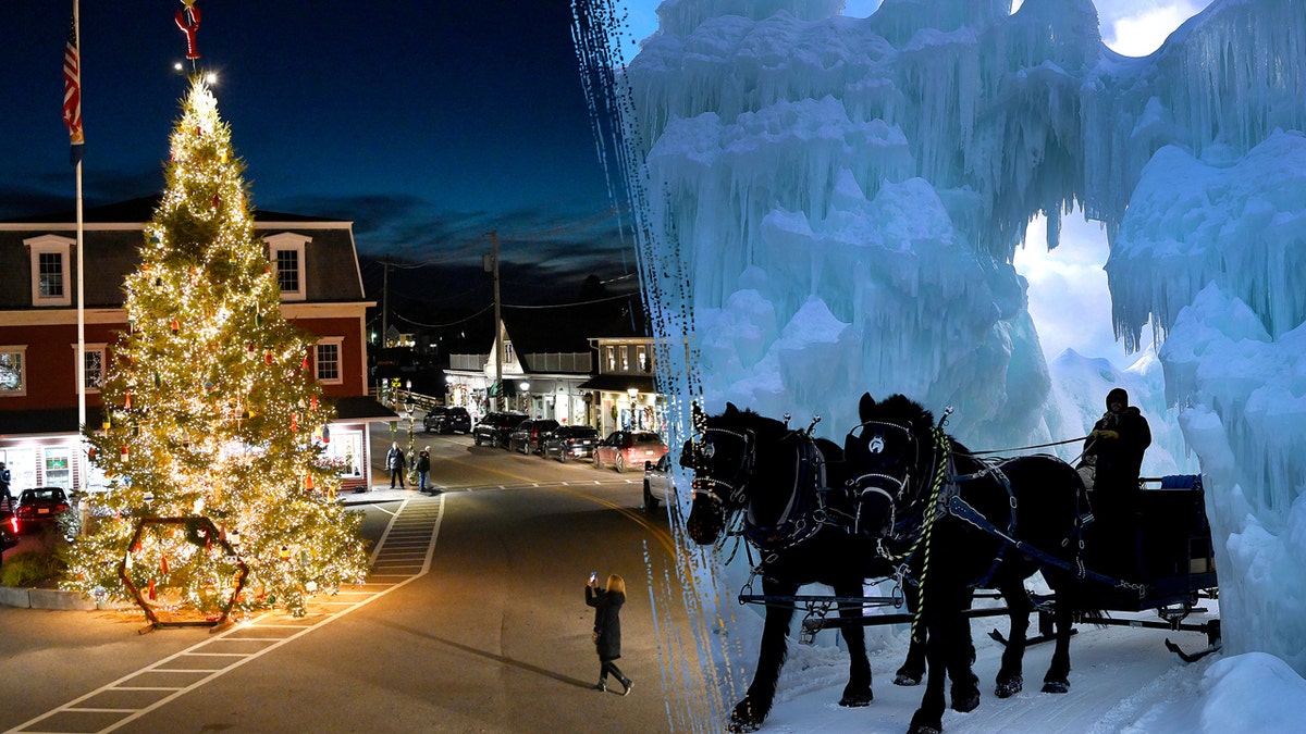 Split photo of Maine during Christmas and the ice castles in New Hampshire