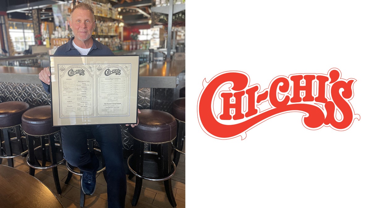 Michael McDermott holds an old Chi-Chi's Mexican restaurant menu, left. The restaurant's logo is seen on the right.