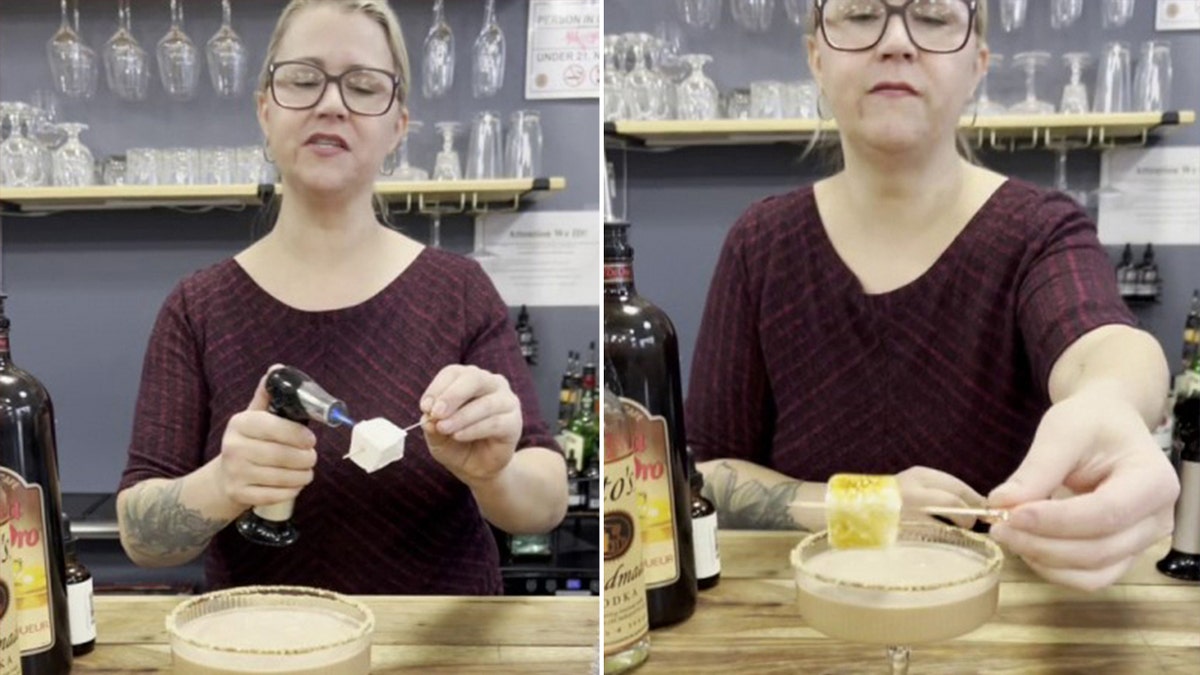 Michelle Novosel adds a toasted marshmallow garnish to her s'mores martini cocktail.