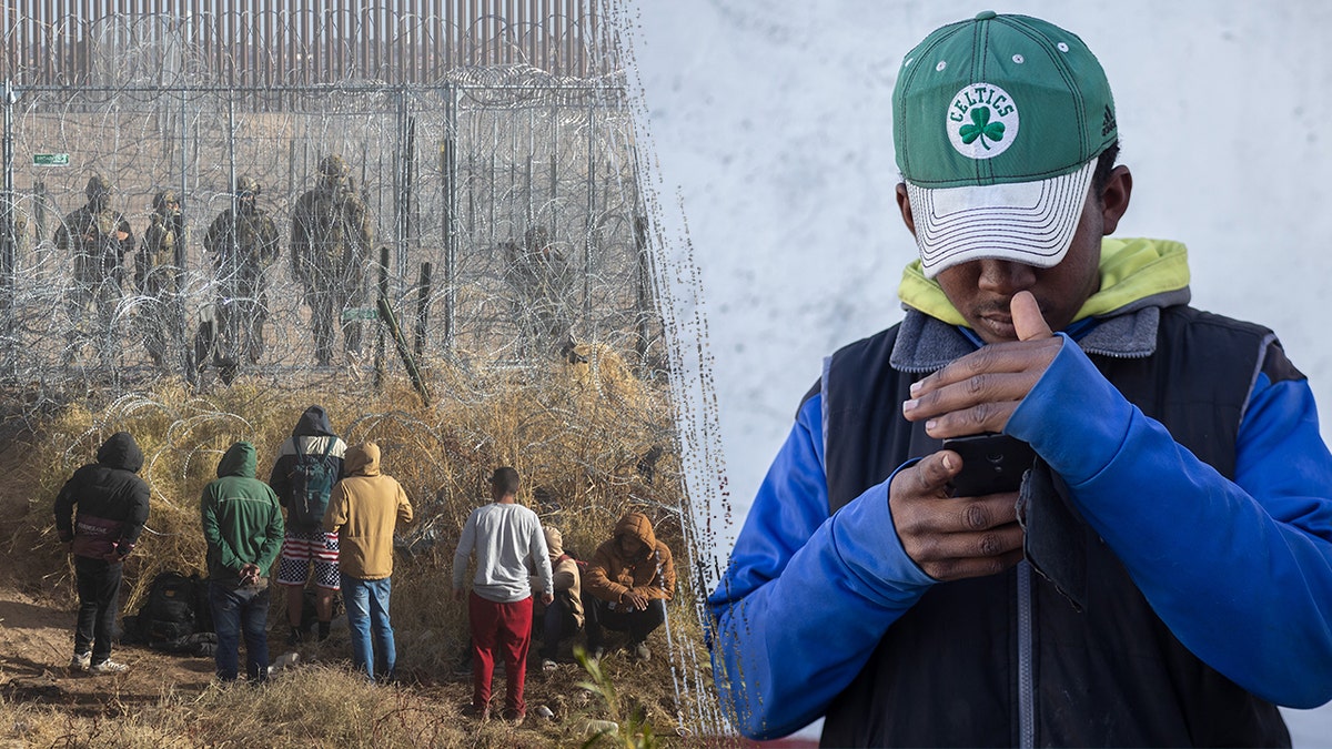 Migrants at the border and a migrant on a cell phone