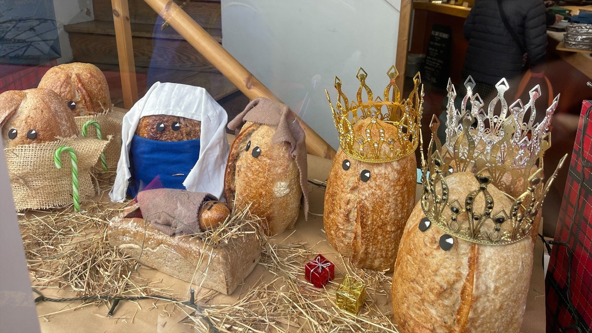 This nativity scene window display at Hobbs House Bakery in England is made out of bread.