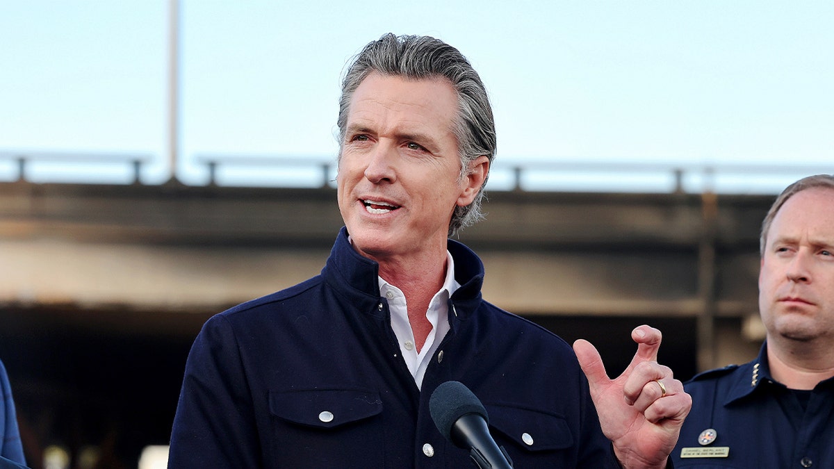 Governor Newsom closeup shot at outdoors press event