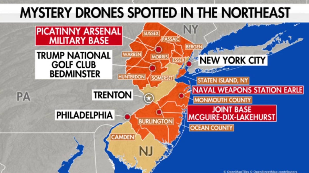 Map of New Jersey with locations of mysterious drone sightings