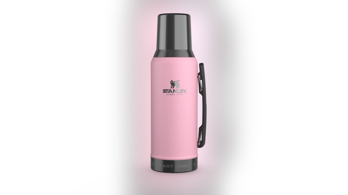 A thermos-like water bottle with a button lid for easy drinking. 