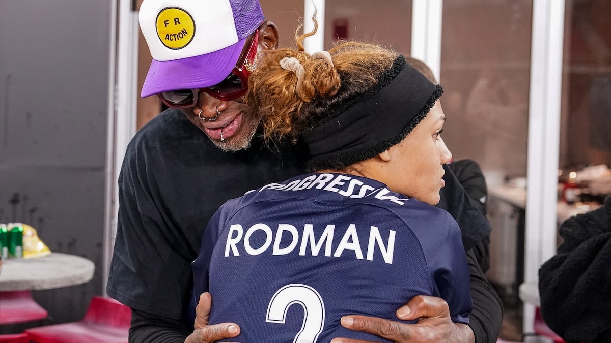 Washington Spirit forward Trinity Rodman (2) with her father basketball legend Dennis Rodman after a game between North Carolina Courage and Washington Spirit at Audi Field on Nov. 7, 2021 in Washington, D.C. 