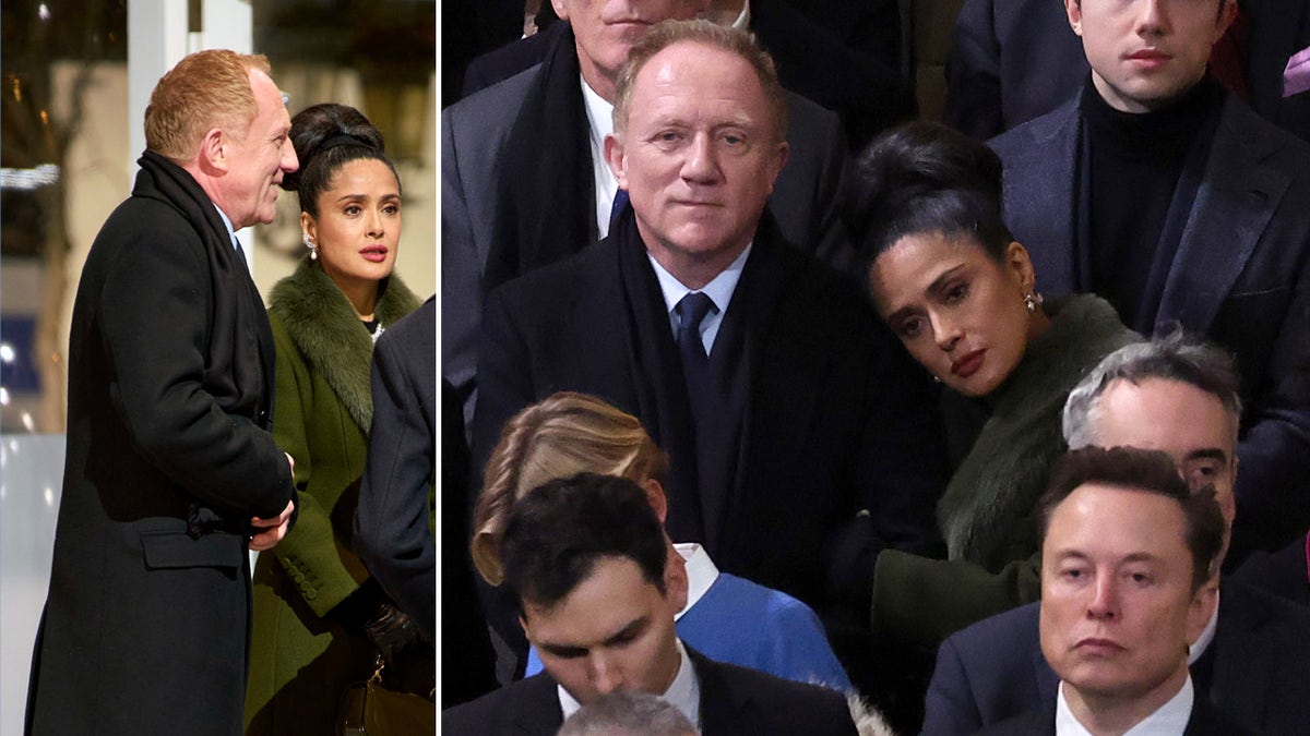 Actress Salma Hayek wears long green coat at Notre-Dame reopening in Paris