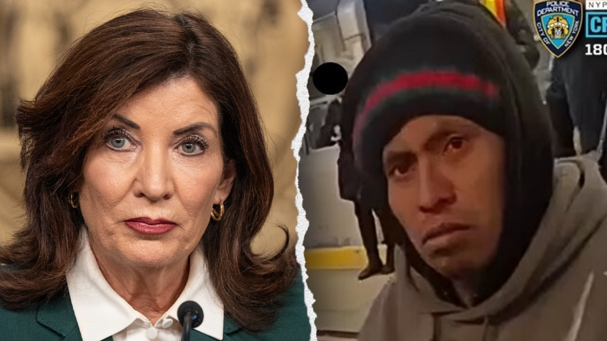 Split photo of Kathy Hochul and the suspect in New York City