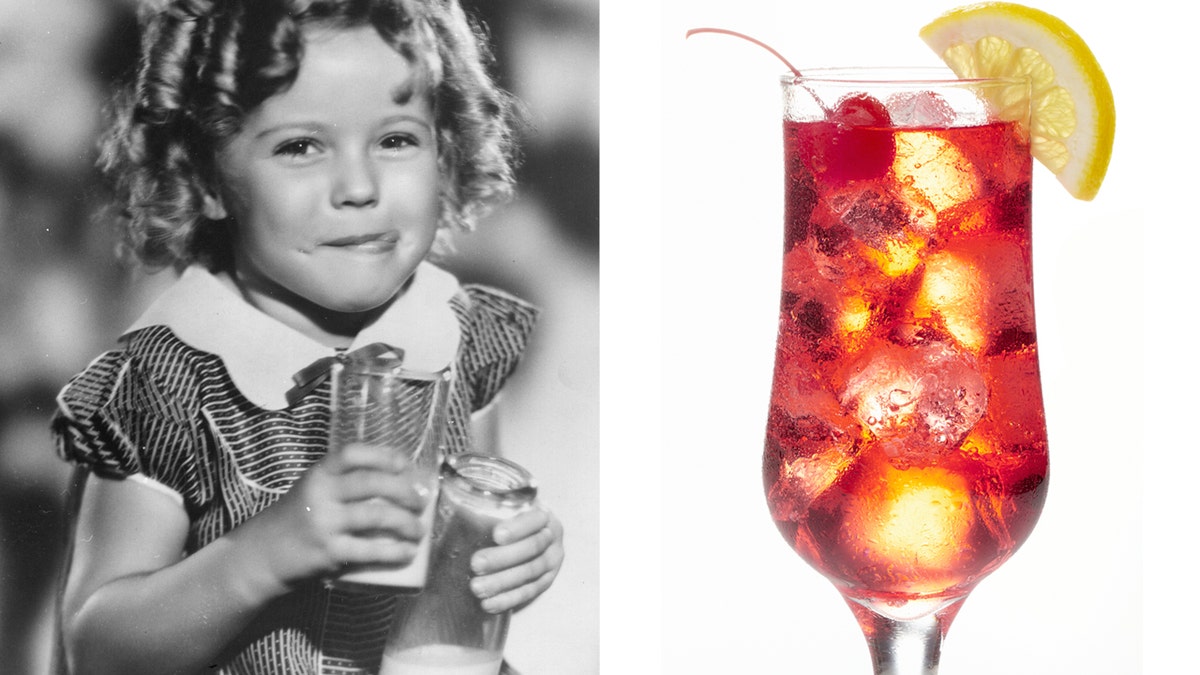 Split image of Shirley Temple holding a glass and a Shirley Temple drink.