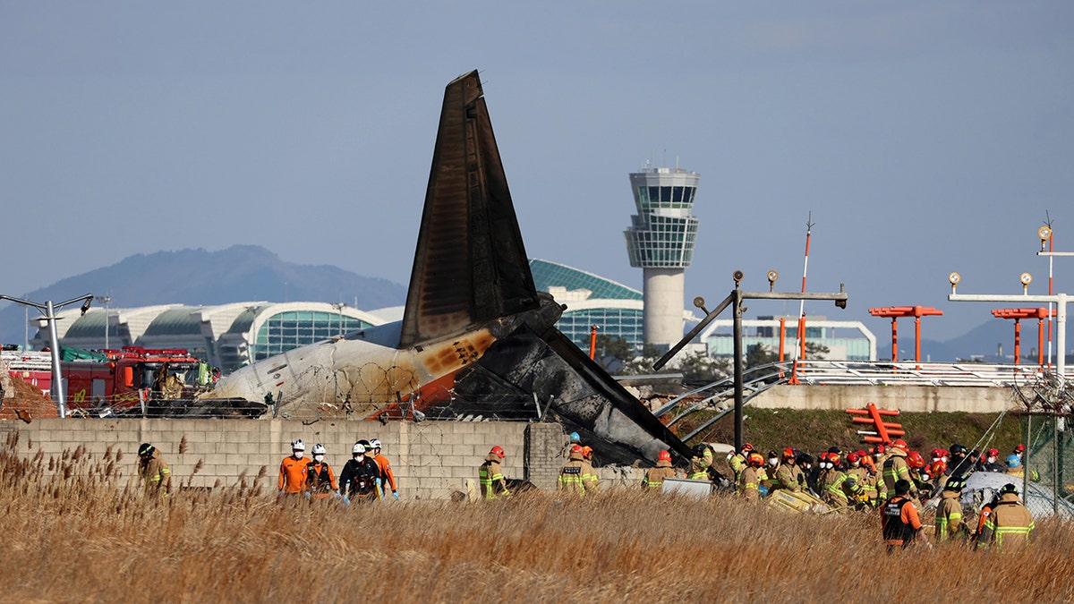 Close-up of rear section of South Korean passenger plane crash