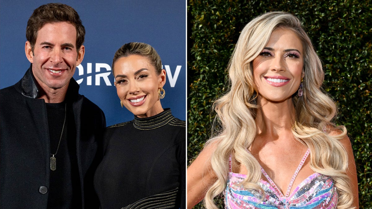 Reality stars Tarek El Moussa and his wife Heather wear black, and Christina Hall smiles at the red carpet event.