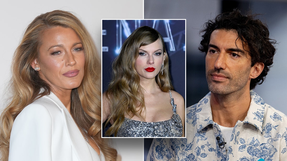 Blake Lively in a white blazer heading towards the carpet and looking split on the left Justin Baldoni in a printed shirt looking serious while on the right, center Taylor Swift in a shiny silver dress on the carpet