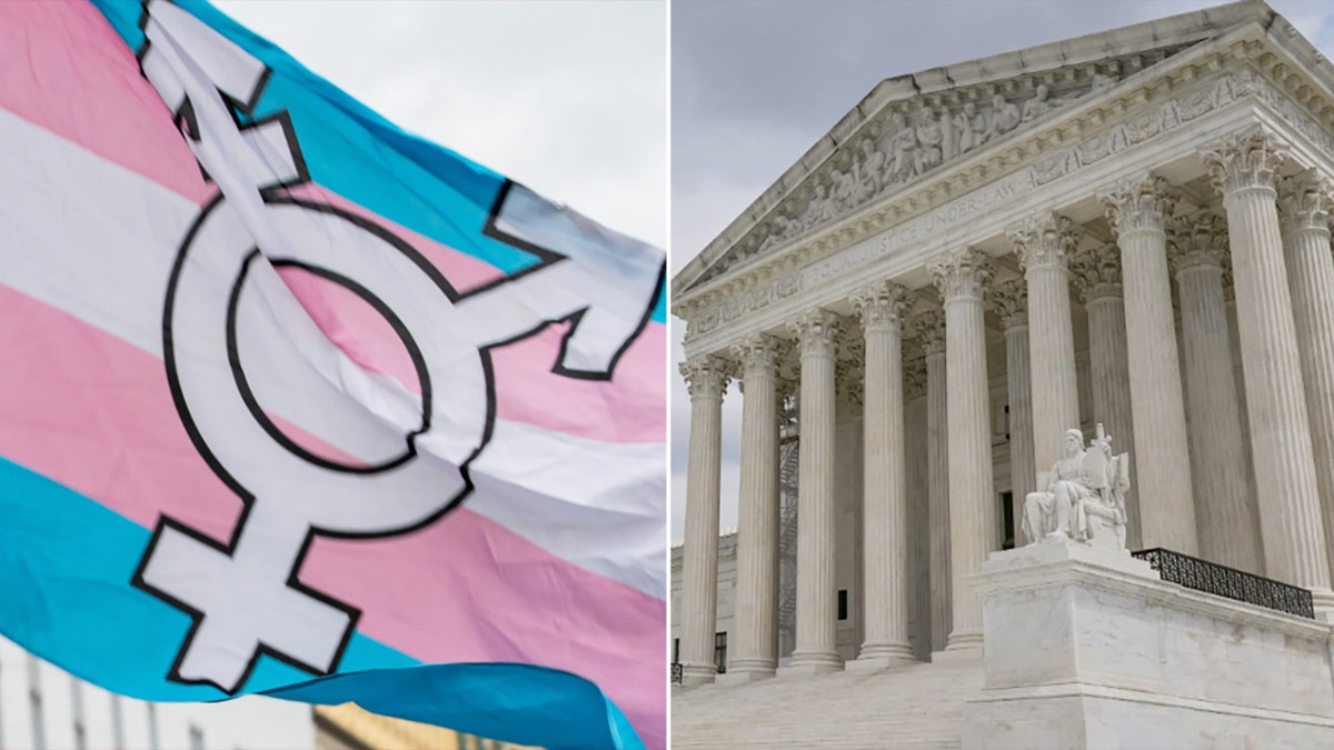 photo split: left: Trans flag; right, Supreme Court