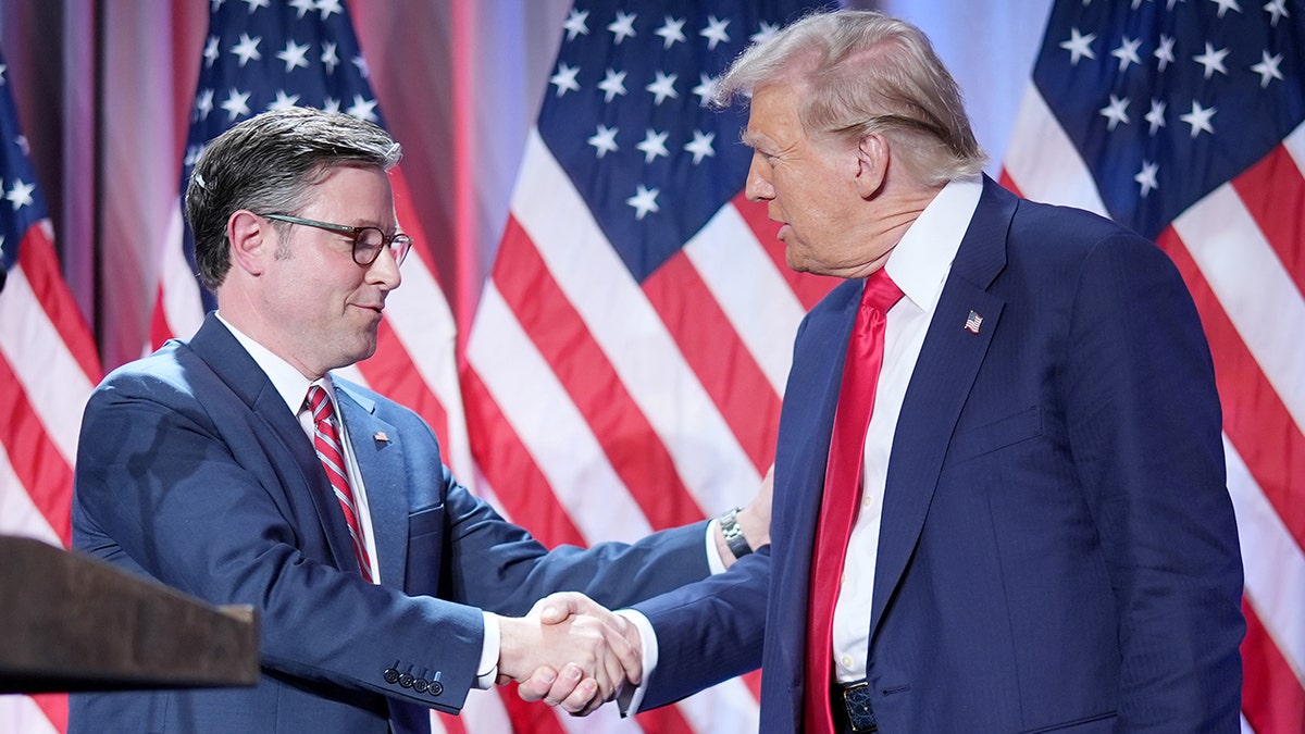 Speaker of the House Mike Johnson and President-elect Donald Trump shake hands