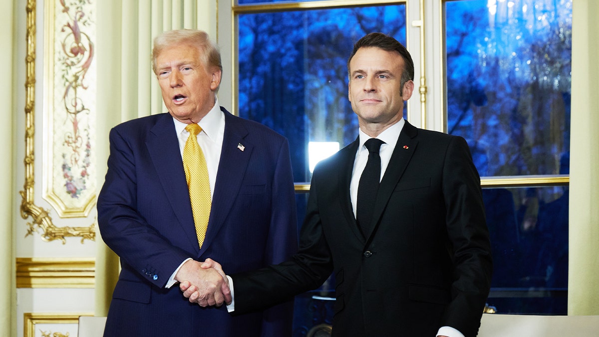 French President Emmanuel Macron meets with President-elect Donald Trump at the Elysee Palace on December 7, 2024 in Paris, France. 