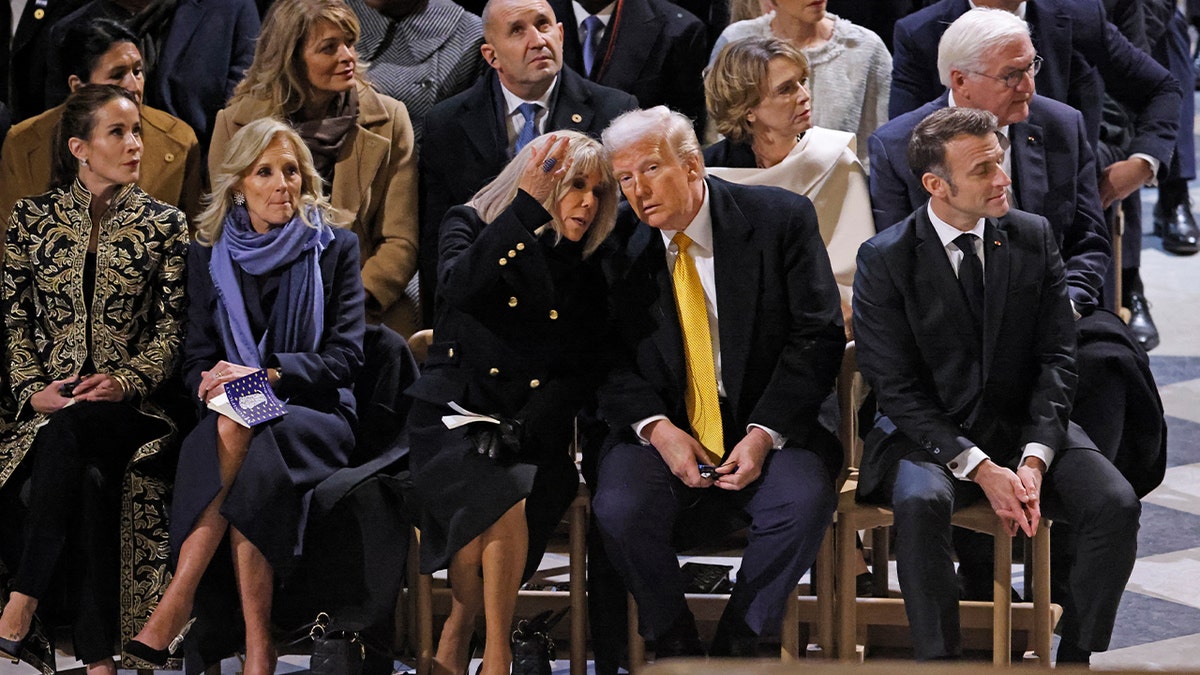 President Emmanuel Macron's wife Brigitte Macron (CL) sits alongside President Joe Biden's daughter Ashley Biden (left), US First Lady Jill Biden (left), and French President Emmanuel, the next Meeting with President Donald Trump (CR). Macron (right) inside Notre Dame Cathedral before a ceremony marking the reopening of the landmark cathedral in central Paris on December 7, 2024. 