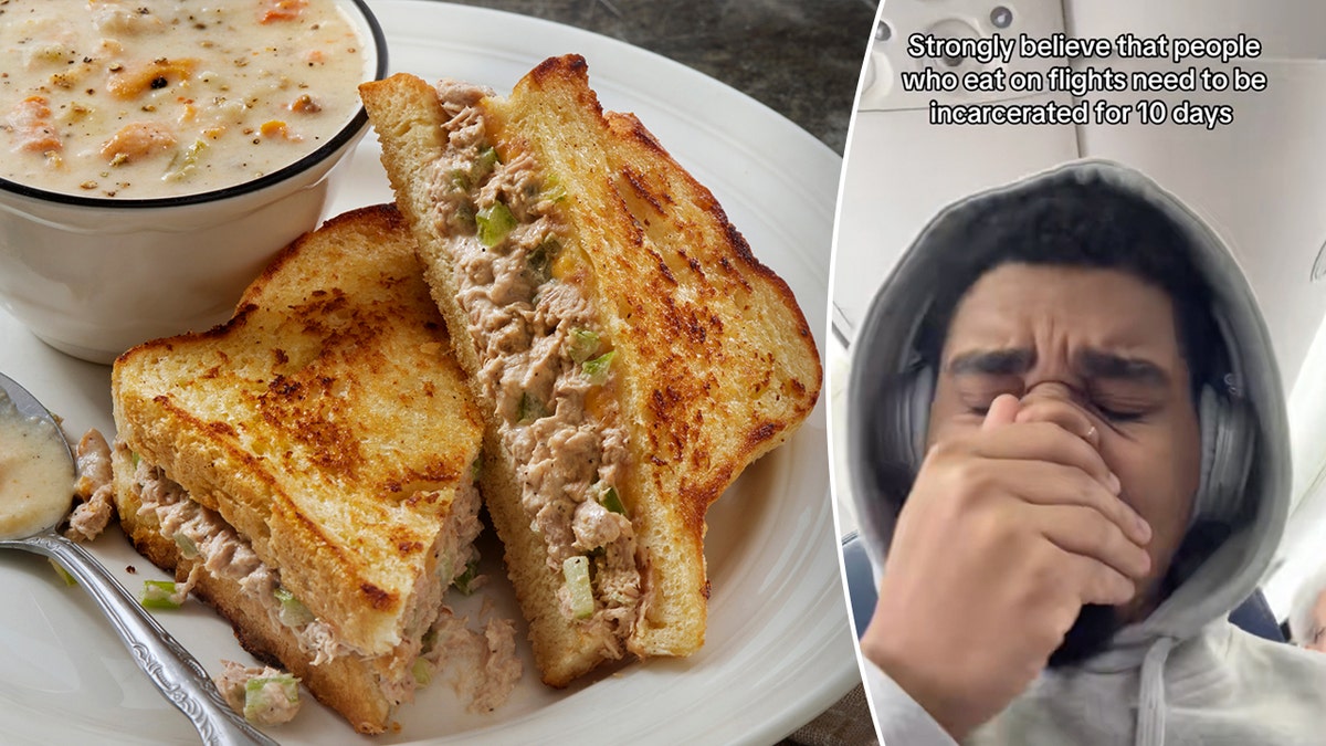 A tuna melt sandwich and bowl of clam chowder are pictured, left. Zavier Torrence reacts to the smell of a tuna melt on a plane in a frame from his TikTok video, right.