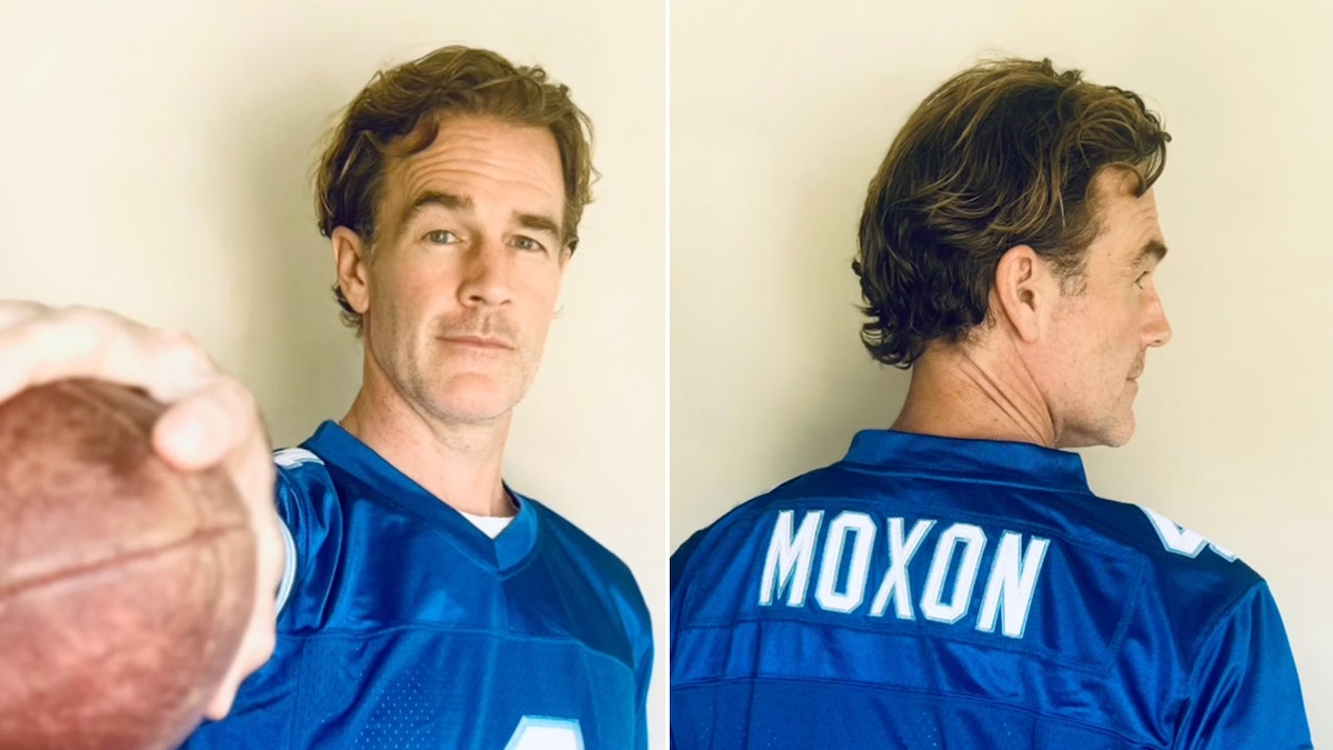 James Van Der Beek in a blue football jersey outstretches his arm holding a football split the back of his jersey with the name Moxon on it, referencing his character from Varsity Blues