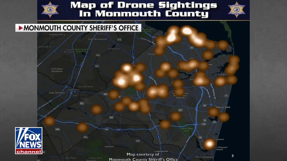 A map showing recent drone sightings in Monmouth County, New Jersey, home to Naval Weapons Station Earle.