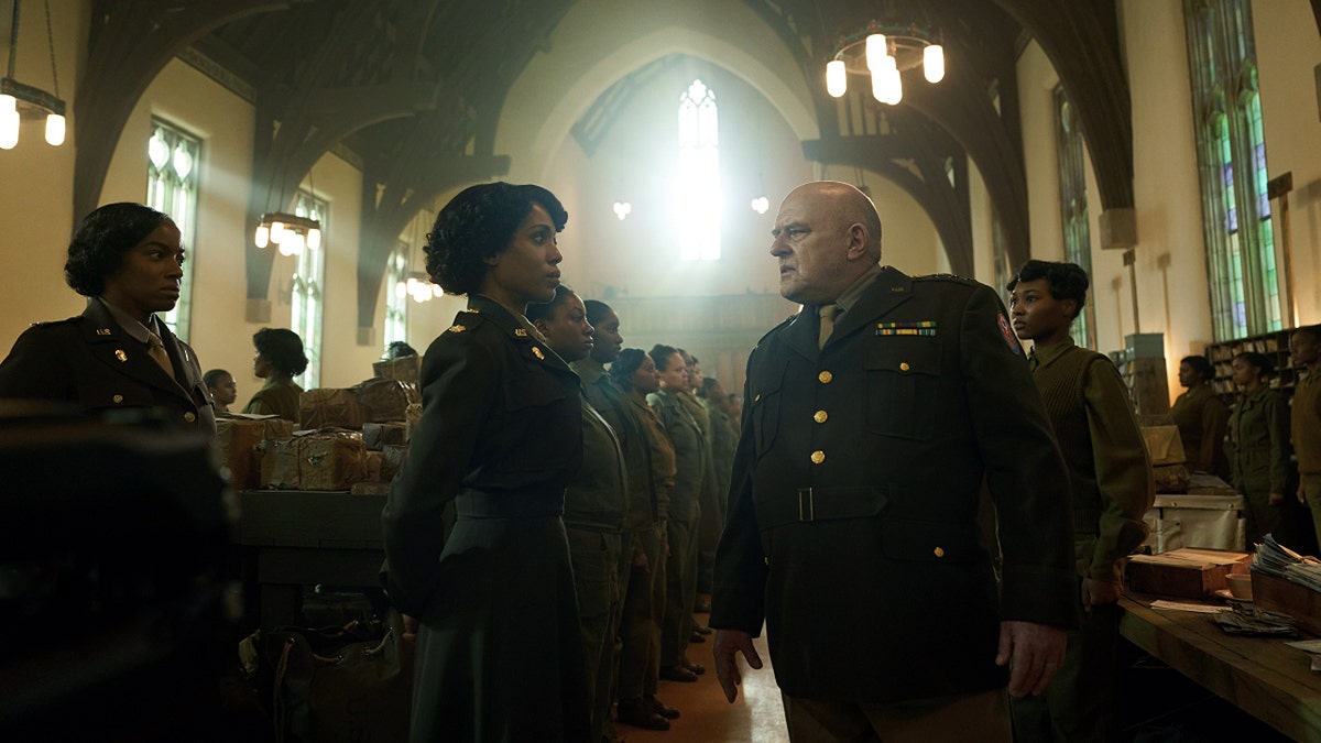 Kerry Washington appears as US Army Major Charity Adams of the 6888th Post Battalion in a scene from the Netflix film. "The six triple eights."