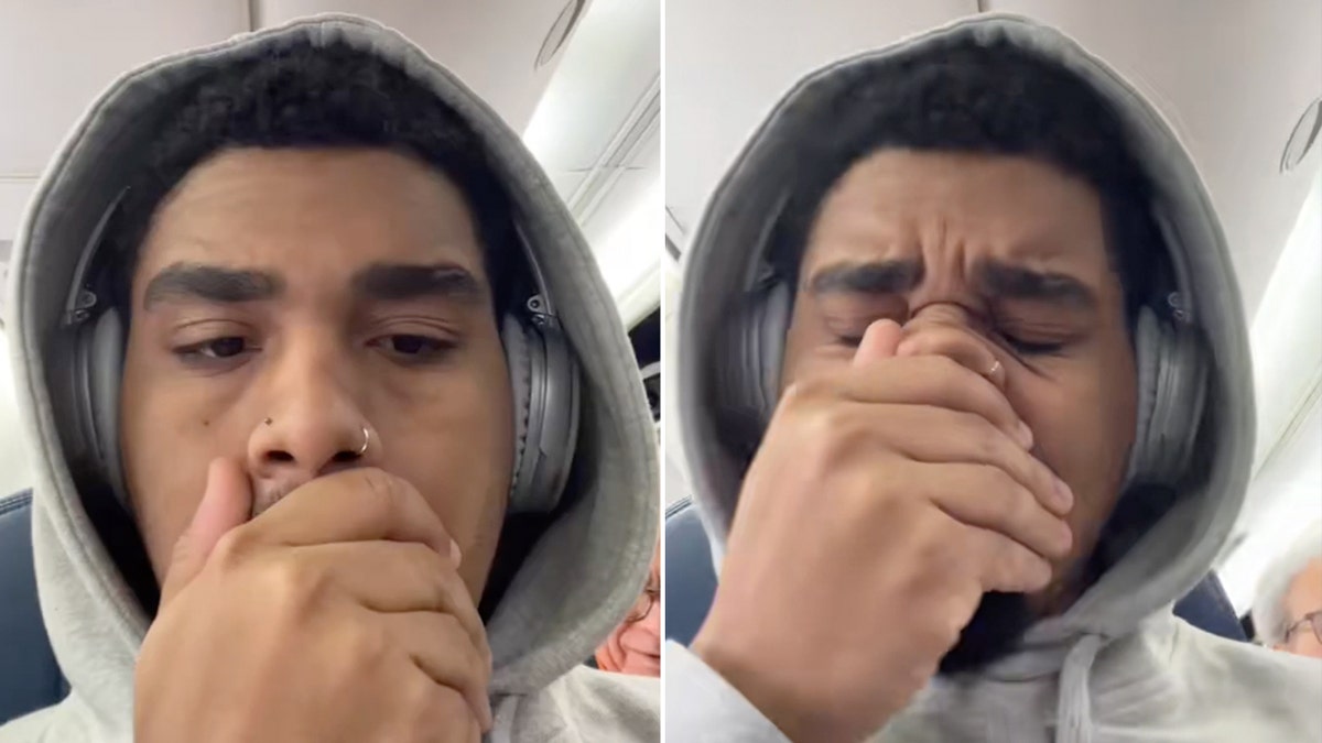 Bilder aus einem TikTok-Video zeigen Zavier Torrences Reaktion auf eine übelriechende Thunfischschmelze in einem Flugzeug.