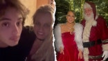 Jayden Federline in a black shirt looks into the camera with a smiling Britney Spears, wearing a choker necklace and a black outfit split Mariah Carey in a velvet red strapless dress and white furry cardigan smiles next to Santa Claus