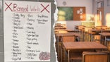 Banned words poster next to image of empty desks in a classroom