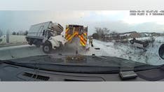 Wild dashcam video shows out-of-control truck slam into first responder vehicles on side of icy highway