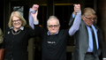 In this April 10, 2015, photo, Richard Lapointe, center, raises his arms with Kate Germond, left, and Paul Casteleiro, both of Centurion Ministries, after he was granted bail and released at the Connecticut Supreme Court in Hartford Connecticut. - Fox News